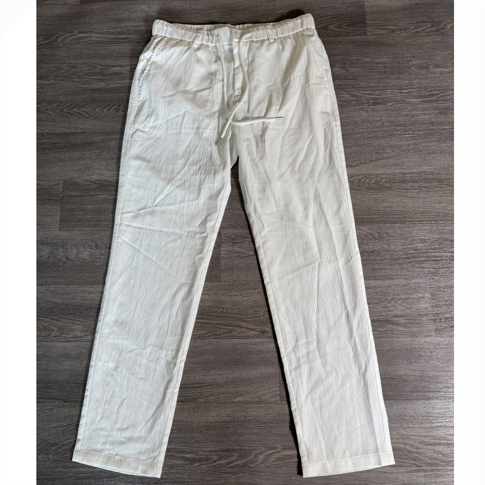 JMIERR Mens Casual Beach Pants White Textured Drawstring Trousers Size 32 NWT